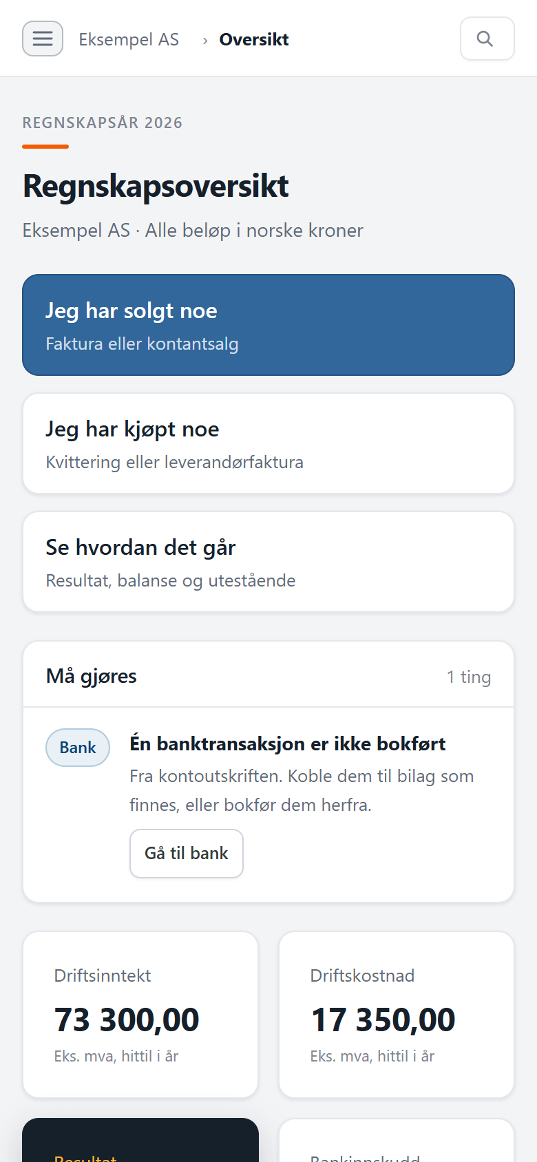 Oversikten i Øre på en mobilskjerm, med snarveier for salg og kjøp